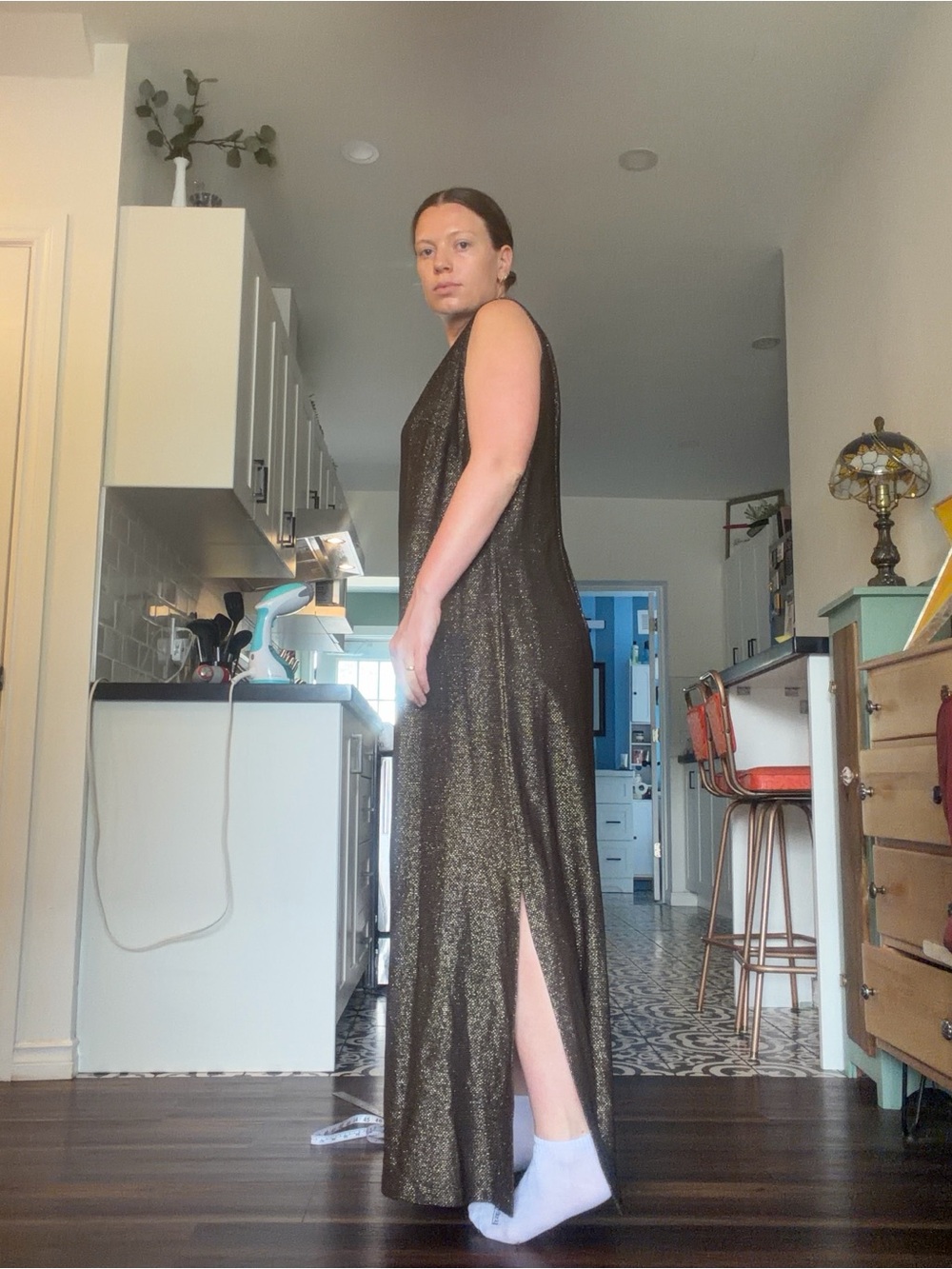 Vintage 70s Black Metallic Maxi Dress with Gold Belt - Picture 12 of 15